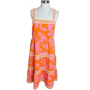 Isaac Mizrahi Live Orange Printed Midi Dress Size 10 Tiered Square Neck